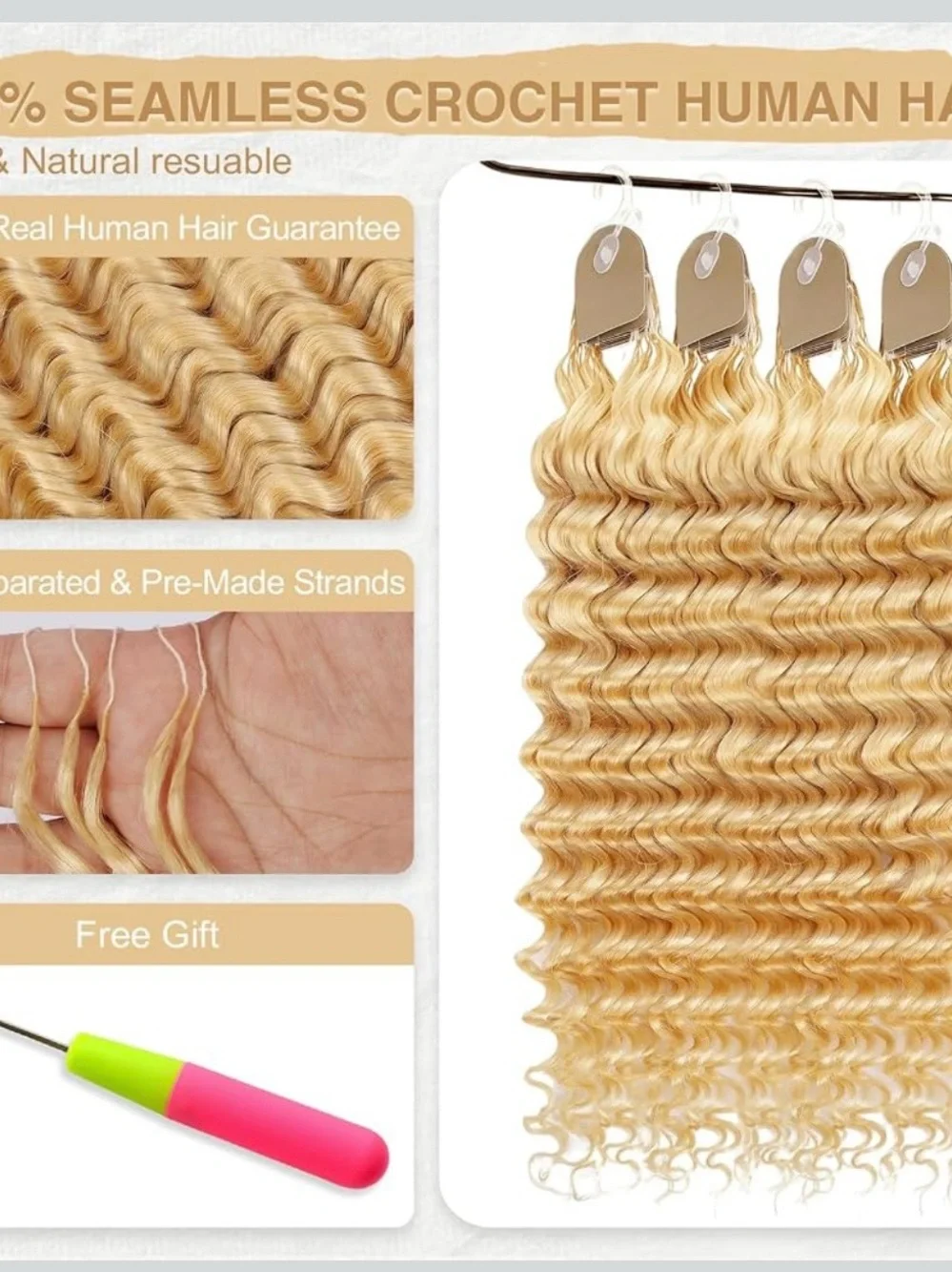 Dressmaker 18 inch Deep Wave Human Crochet HairExtensions – Golden Blonde